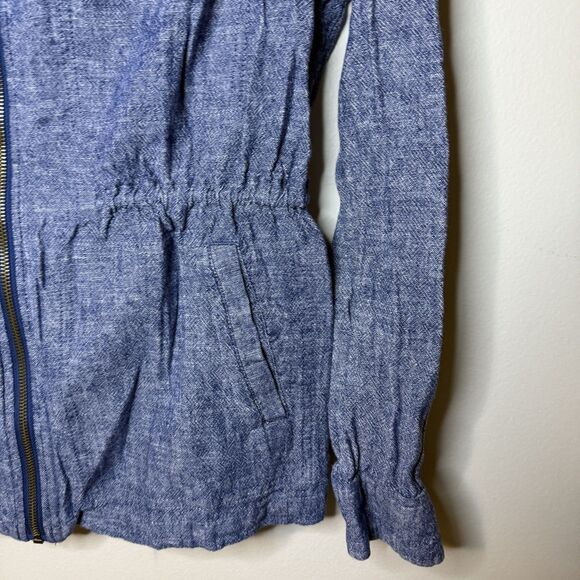 Old Navy Utility Jacket Size Medium M Blue Linen Blend Chambray Full Zip Snaps - Picture 3 of 6